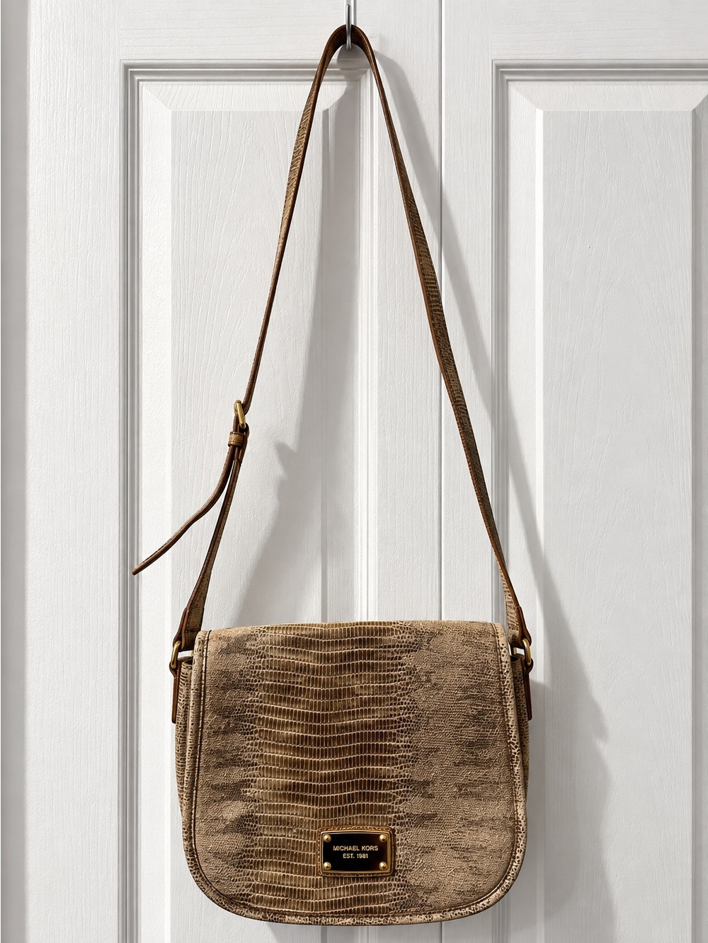 Michael Kors Purse: reptile-embossed, adjustable leather strap w/ Gold hardware